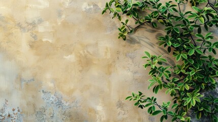 Sunlit green foliage against a beige plaster wall