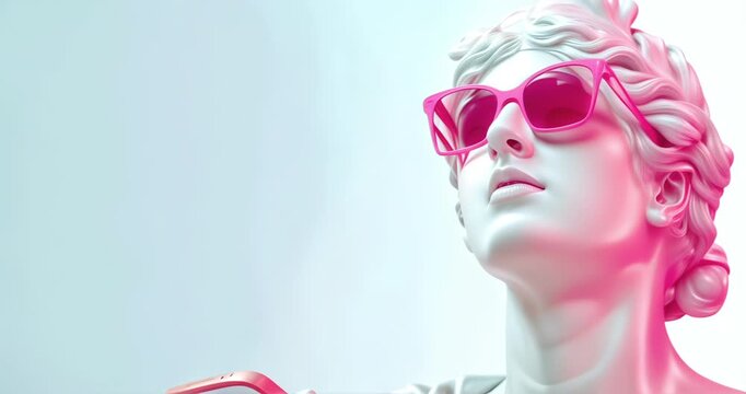 Classical Statue with Pink Sunglasses Uses a Smartphone. Fashion, Social Media, Art Concept. Venus de Milo Goes Viral	