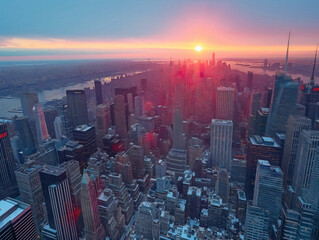 A city skyline with a large sun in the sky. The sun is setting and the sky is a beautiful orange color