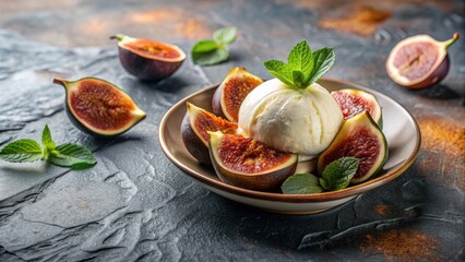 Refreshing summer fig dessert with vanilla ice cream on top, summer, dessert, fig, tasty, refreshing, vanilla ice cream, treat