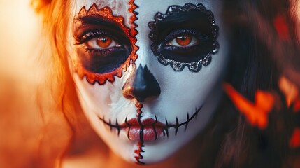 makijaż, Halloween, kobieta, twarz, cukrowa czaszka, sztuka makijażu, twórczość, detal, kontrast, kolory, straszny, beauty, artystyczny, upiór, halloweenowy, stylizacja, farby  makijaż artystyczny,