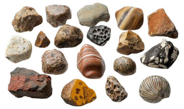 Collection of various rocks, showcasing different colors and textures, cut out - stock png.