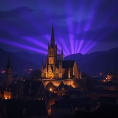 Nighttime View of Church with Purple Lights.