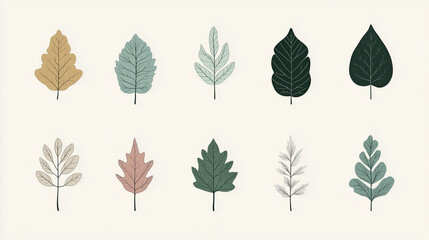 minimalistic illustration of different common leaves of trees and natural motives 