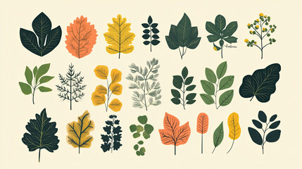 minimalistic illustration of different common leaves of trees and natural motives 