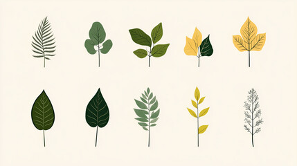 minimalistic illustration of different common leaves of trees and natural motives 