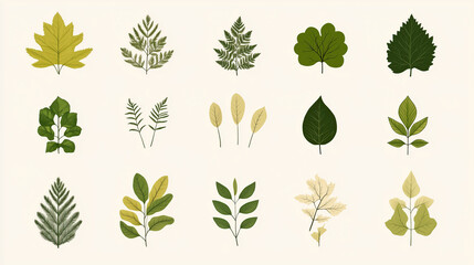 minimalistic illustration of different common leaves of trees and natural motives 