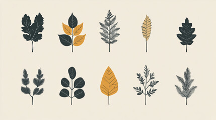 minimalistic illustration of different common leaves of trees and natural motives 