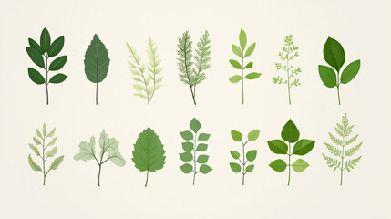minimalistic illustration of different common leaves of trees and natural motives 