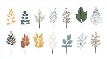 minimalistic illustration of different common leaves of trees and natural motives 