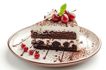 Black Forest cake slice garnished with cherries and chocolate shavings, presented on a ceramic plate, perfect for dessert lovers.