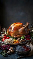 Vibrant, realistic photo of a mouthwatering traditional turkey dinner with perfectly golden-brown holiday birds on the center plate surrounded by colorful side dishes like roasted vegetables and stuff
