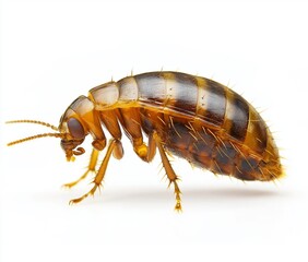 Fototapeta premium Macro Photograph of a Flea Showcasing Detailed Anatomical Features with Textured Body Isolated on a White Background