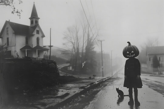 black and white horror photo of a little girl wearing a jack-o'-lantern mask standing in a foggy town street with a black cat, church in the background.