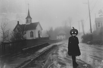 black and white horror photo of a little girl wearing a jack-o'-lantern mask standing in a foggy town street with a black cat, church in the background.