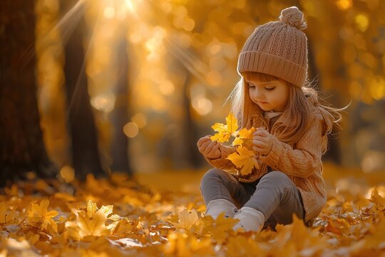 little girl in the park picking up yellow leaves