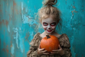 happy girl with face painting dressed up for halloween on green background