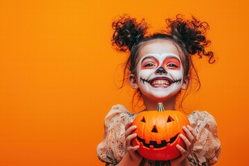 happy girl with vampire face painting dressed up on orange background