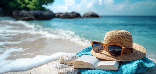Colorful sunglasses, straw hat, towel and book on the beach on sunny day. Blue sea background with space for text. Summer vacation concept. Perfect for travel and leisure advertising or presentation.