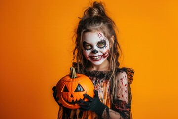happy girl with face painting dressed up for halloween on orange background