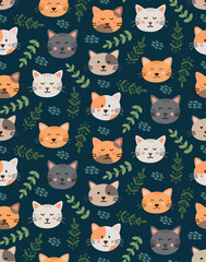 Seamless pattern with cute cats and plants. Vector cartoon backdrop in flat style.	
