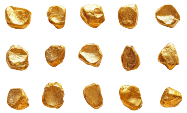 Unrefined golden nuggets with natural shapes and textures, cut out - stock png.
