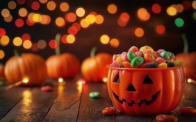 Halloween candy in bowl with pumpkin shaped bucket