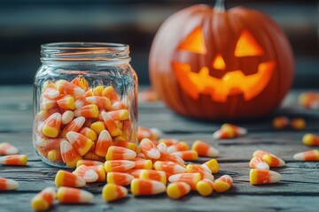 Halloween candy corn spilling out of a glass jar