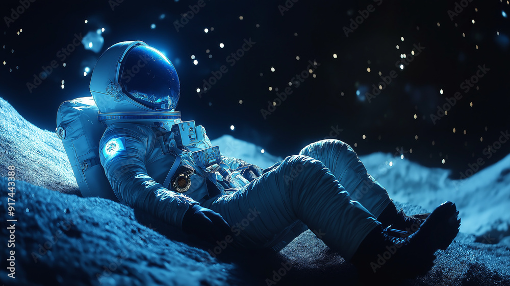 Wall mural astronaut in spacesuit resting on a moon-like surface.