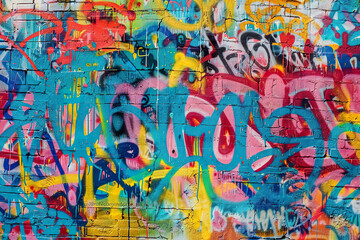 Fototapeta premium A colorful wall with splatters of paint and graffiti, generative ai.