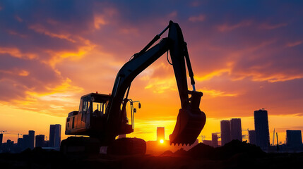 Excavator silhouette against a dramatic sunset cityscape.