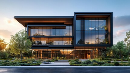 Front of Stylish Corporate Office Building, Modern and Contemporary Design, Ideal for Commercial Architecture Imagery, Generative AI
