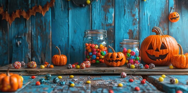 spooky Halloween candy bar with sweets and pumpkins