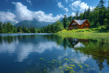 Fototapeta premium A serene lake featuring a cozy cabin situated in its center, surrounded by tranquil waters and natural beauty.