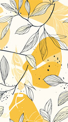 A seamless vertical social media background in yellow floral botanical theme, delicate line drawing in minimalist abstract style. Vertical social media, wallpaper and textile pattern can be tiled
