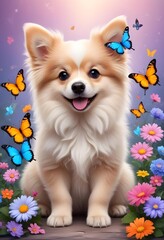Obraz premium Funny little puppy dog with flowers and butterflies cute small fluffy magical dog