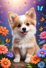 Funny little puppy dog with flowers and butterflies cute small fluffy magical dog