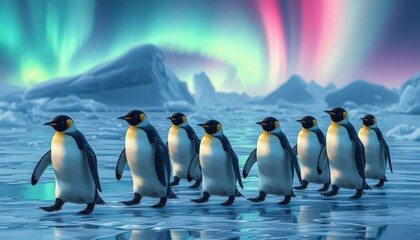 Obraz premium Penguins Walking on Ice Under Aurora Borealis.