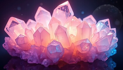 Glowing Pink Crystal Cluster on Black Background.