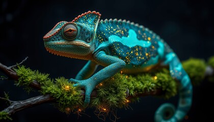 Fototapeta premium Blue Chameleon with Golden Dots on a Branch.