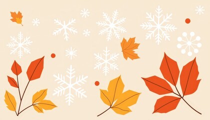 Autumn Leaves and Snowflakes on Beige Background.