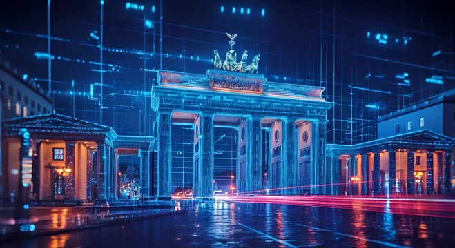 Brandenburg Gate in Berlin glowing digital hologram against a deep blue backdrop at night. Historical architectureat night with futuristic digital elements.