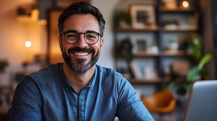 Fototapeta premium A smiling man with glasses sitting in a cozy home office, conveying warmth, confidence, and a positive work environment.