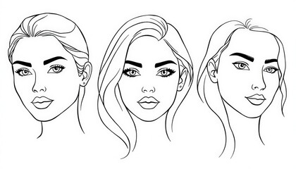 Three Female Faces Line Art Illustration.