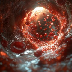 Red blood cells, erythrocyte cell, flow of red blood cells inside a vein, section of a vein. Ai generative