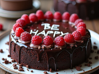 Chocolate cake with raspberries and the words "Be Happy"