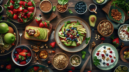 healthy food table top view featuring avocado toast, fresh fruits like strawberries and blueberries, bowls of yogurt with granola and nuts, directly above view, all arranged on a rustic wooden table.