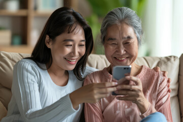 Obraz premium Mother and Daughter Bonding Over Smartphone