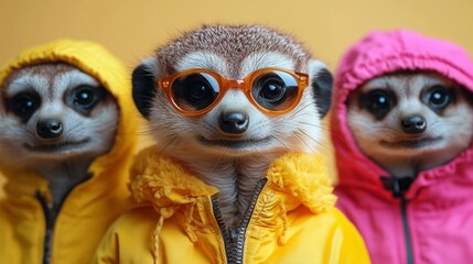 Fototapeta premium Vibrant Meerkats in Fashionable Attire for Advertisement or Party Invite, Isolated on Solid Background, Perfect for Creative Banners, Generative AI