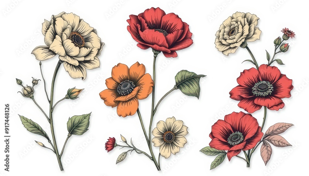 Poster vintage floral illustration with poppy, rose, and anemone flowers.